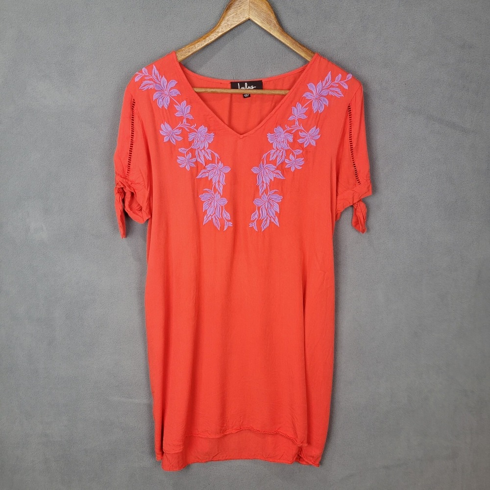 Lulus Blouse Top Women's Small Orange 100% Rayon Floral Embroidery Tie-Sleeves
